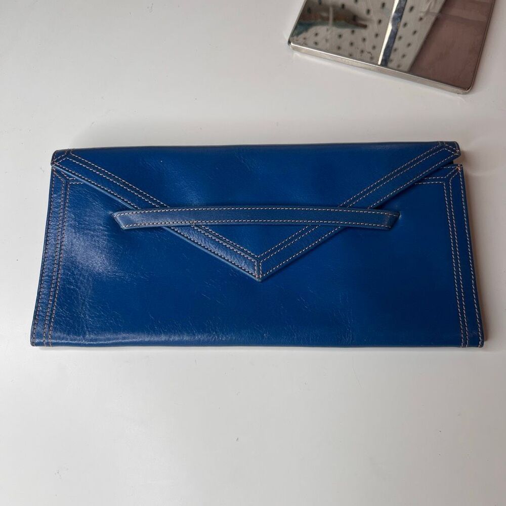 Tusk leather envelope clutch wristlet bag blue red interior new with tags
